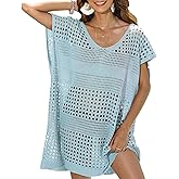 REOCHEL Womens Oversized Swimsuit Crochet Swim Cover Up Summer Bathing Suit Swimwear Knit V Neck Beach Dress