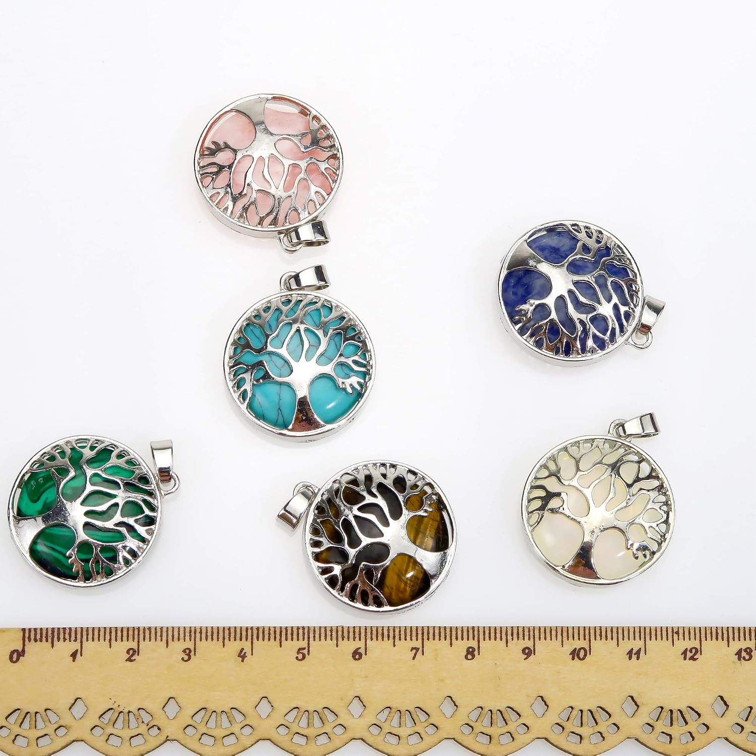 TOAOB 6 pcs 27 mm Tree of Life Charms Natural Gemstone Pendant for Jewellery Making Mixed Colors Metal Frame Hollow Round Charms for DIY Necklace Bracelet Earring Craft Supplies - Image 4