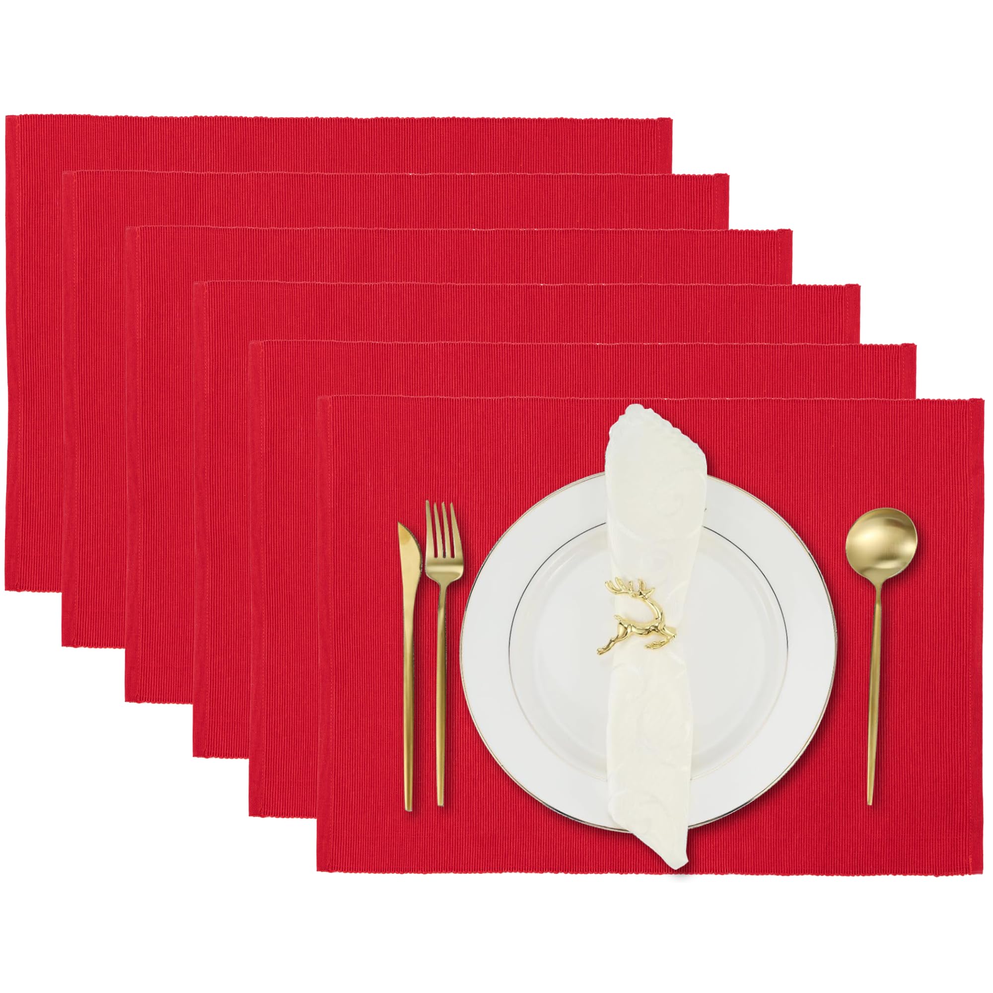 Chinese Red Placemats Set of 6 Kitchen Dining Table Cloth Cotton Reversible Place Mats for Party Decorations 13x19 inches
