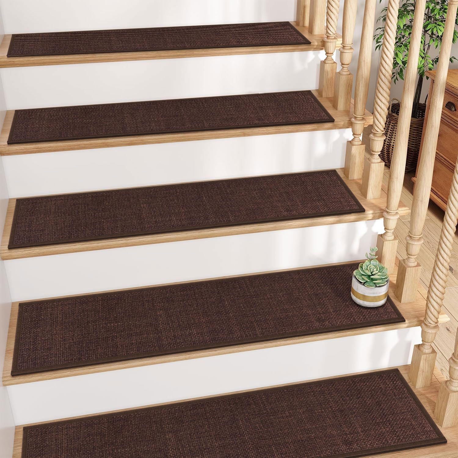 Photo 1 of GOYLSER Non Slip Stair Carpet Treads with Rubber Backed, Deep Brown Jute Stair Rug Staircase Step Treads, Reusable Stair Mat Step Pads for Bare Feet