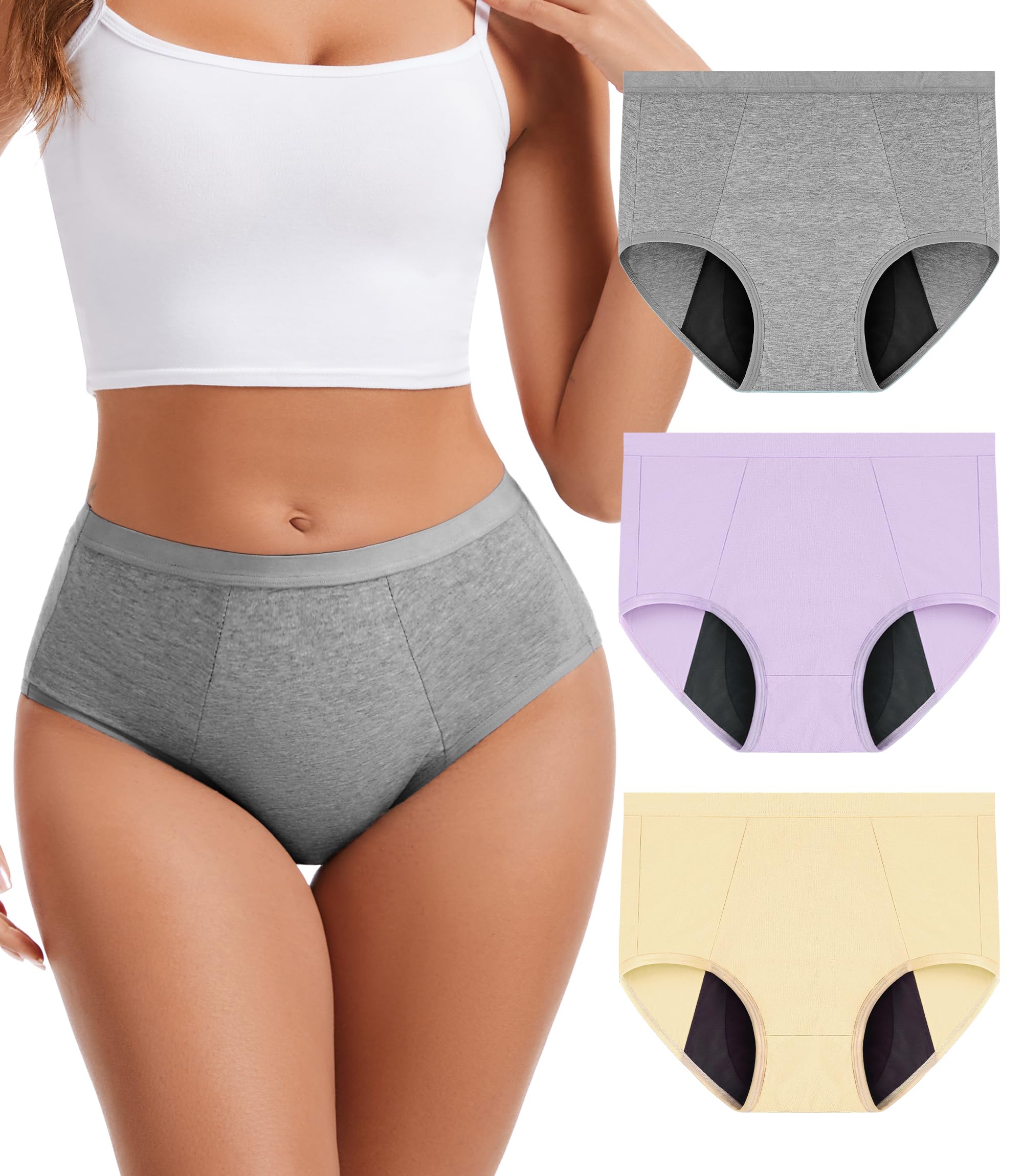Photo 1 of Bobelle Wear Incontinence Underwear for Women 100ml Heavy Flow Leak Proof Panties High Waisted Cotton Period Washable 3 Pack (Multicolor04, Large)