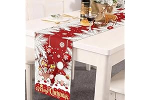 Christmas Red Table Runner,Burlap 13x72 Inch,Cute Santa and Deer Winter Snowflake,Table Decoration for Christmas Eve New Year