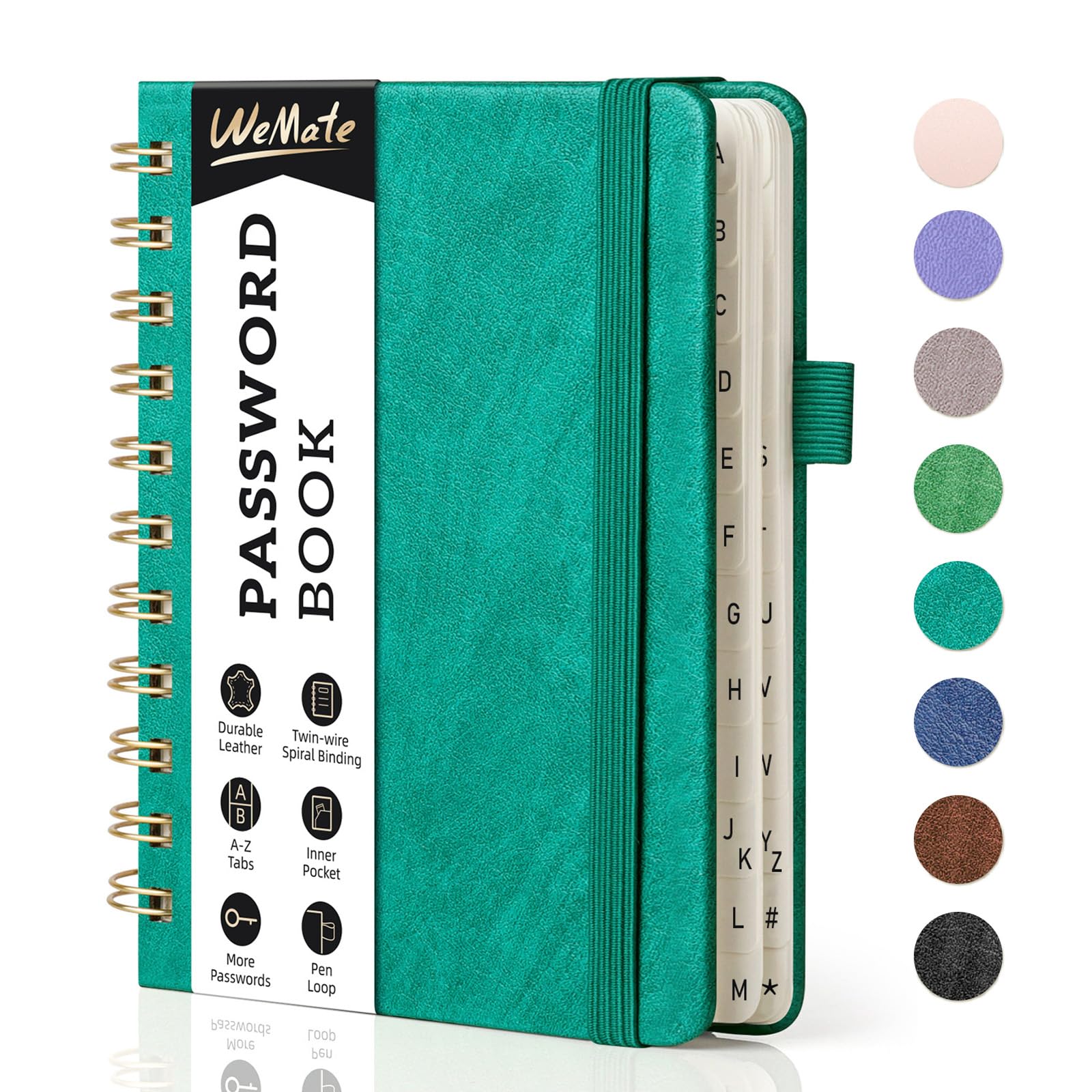 WEMATE Spiral Password Book with Alphabetical Tabs, Small Password Keeper Book for Seniors, Internet Password Notebook Hardcover Password journal logbook – 12 x 15cm (Teal) — image 1