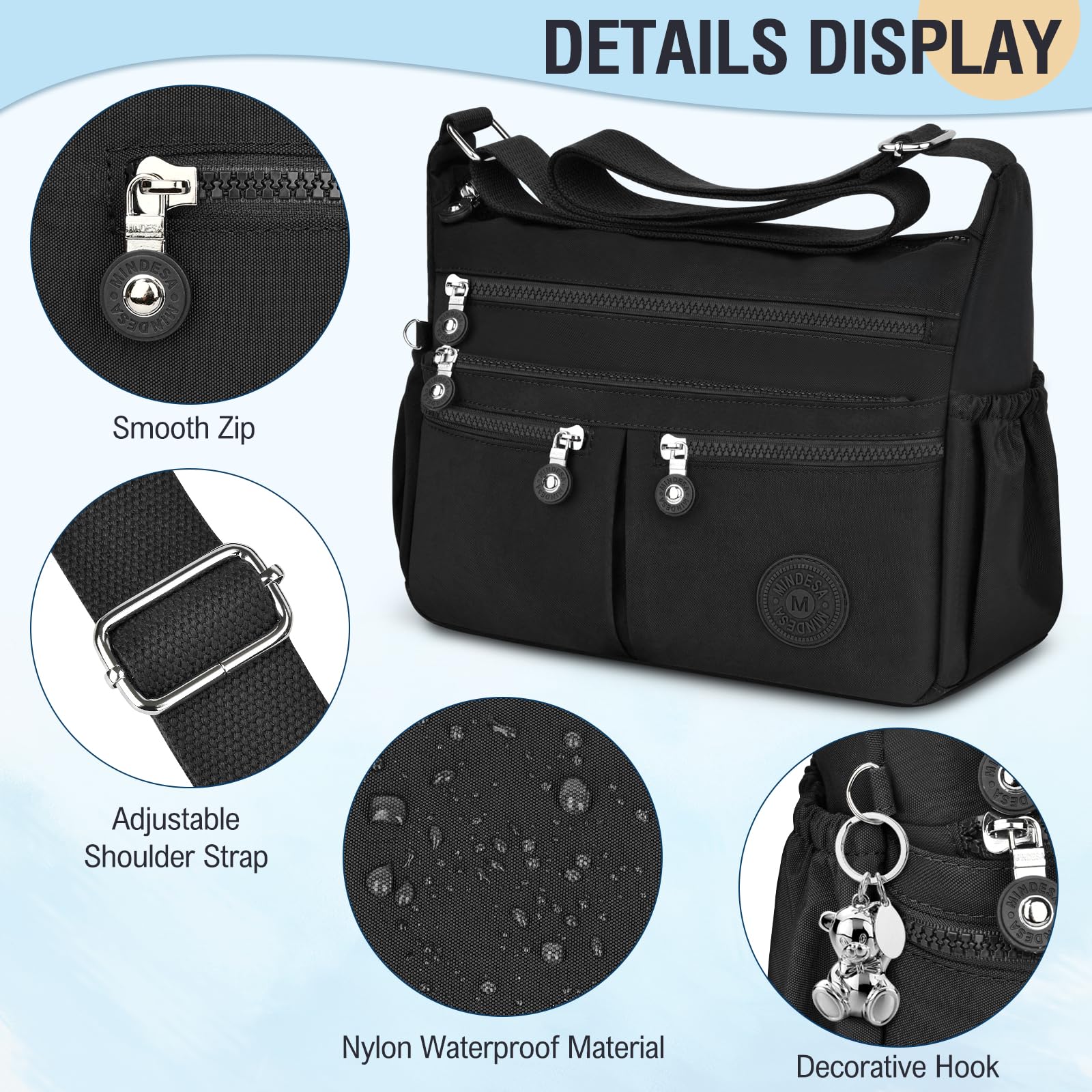 TEUEN Crossbody Bag Women's Large Capacity Waterproof Nylon Shoulder Bag Women's Medium Casual Handbag & Lightweight Shoulder Bag Large Messenger Bag with Many Compartments, black, Minimal
