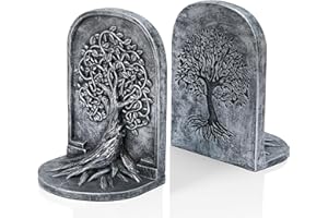 BOIHEGU Tree of Life Bookends Decor 7 inch Resin Decorative Bookends for Library Office Bookshelf Decor, Non-Skid Anti-Slip Heavy Bookends, Cool Stuff to Put on Shelves, Antique Silver Bookends