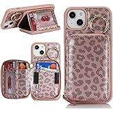 Hamany for iPhone 13 Case Wallet with Card Holder,for iPhone 13 Phone case Wallet with Zipper with Slot Kickstand Stand Case for Women and Man 5G 6.1 Inch-Rose Gold Leopard