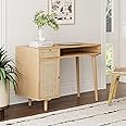 Nathan James Aaron Modern Desk with Storage, Natural Rattan Table with Square Webbing and Gold Accent Knobs, Natural Brown