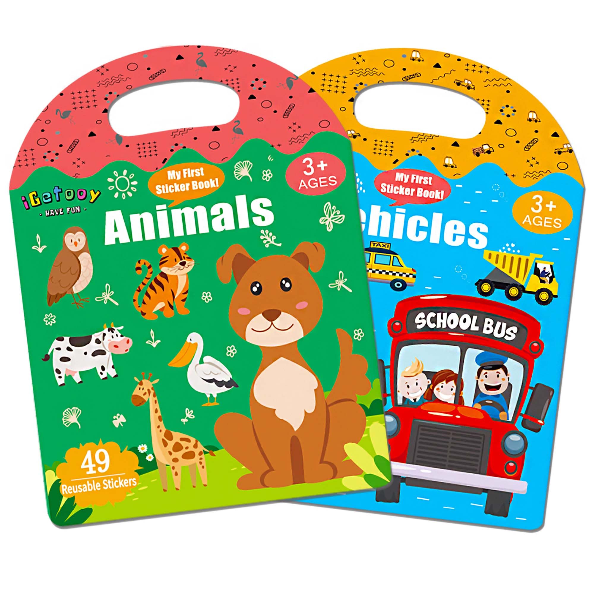 Reusable Sticker Books for Toddlers 1-3, Stickers for Kids, Reusable Stickers for Toddlers 2-4 Years, Airplane Train Car Travel Essentials Toy for Kids Girls Boys (Vehicles/Animals)