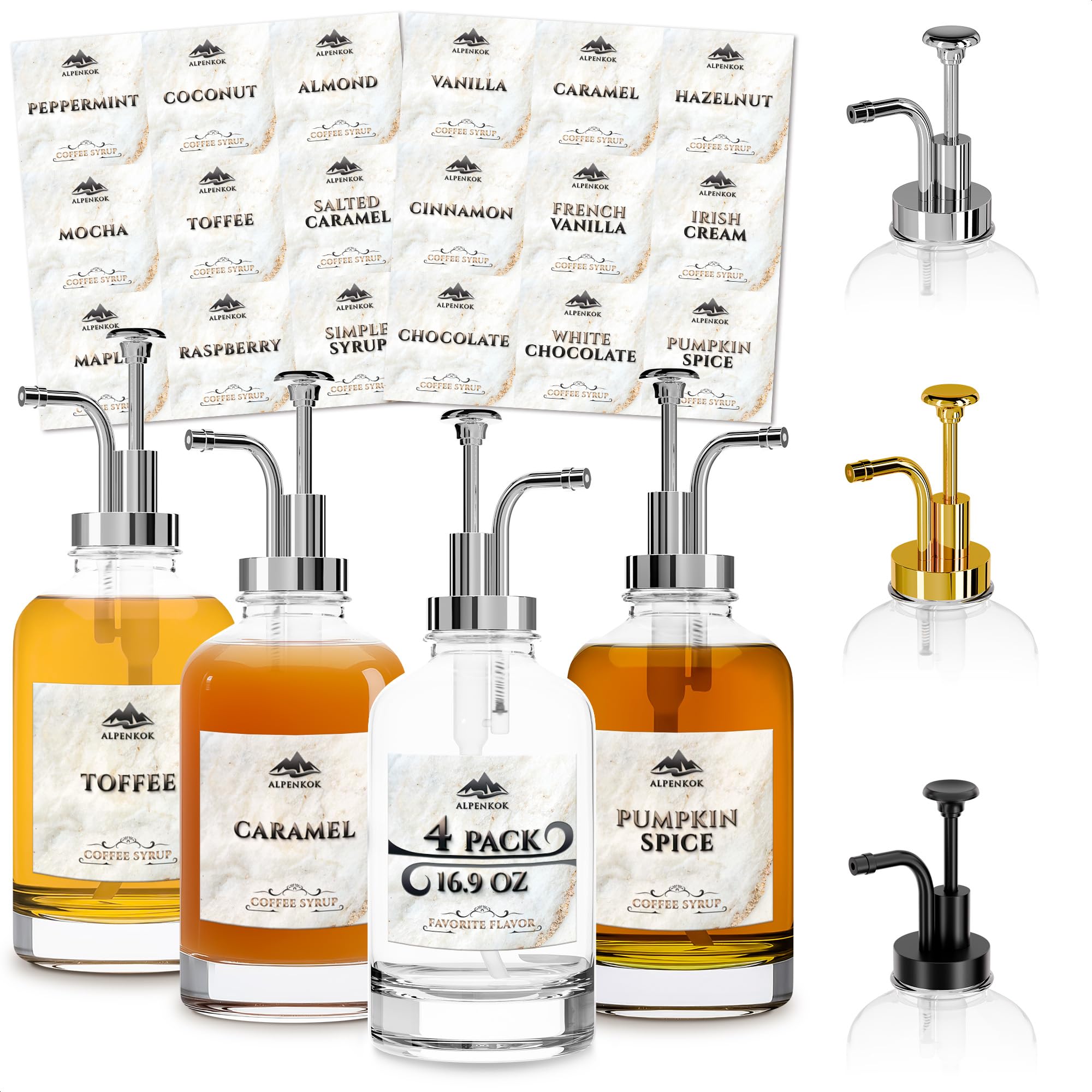 Set of 4 Glass Syrup Bottle with Pump 16.9oz 500 ml – Thick Glass Syrup Dispenser with 18 Marked Labels, Leak-Proof, Easy Cleaning – Coffee Bar Essentials for Home | Event Ready (Silver Pumps) Image