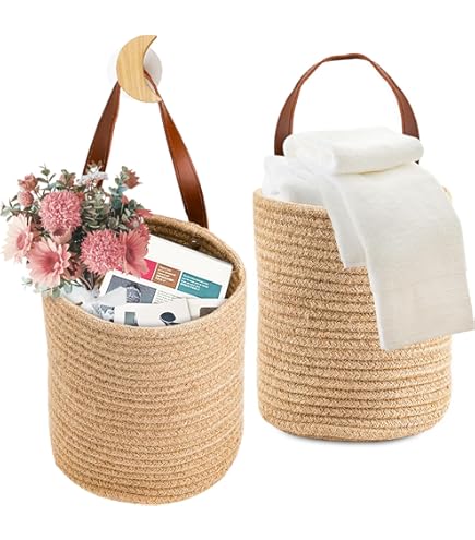 Accessoire Déco 4 Sacs De Rangement Suspendus En Coton/Lin - Avec Crochets - Organisateur Bureau, Salle De Bain Panier Rangement Suspendu Cuisine