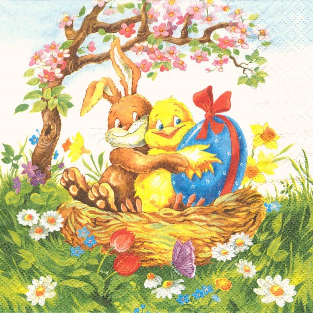 Pack of 20 Dinner Napkins: Rabbit Chick and Egg in Basket – Dregeno Ore mountains