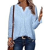 Simplee Womens Eyelet Dressy Blouses Tops Lace Casual Long Sleeve Hollow Out V Neck Fall Spring Boho Shirts