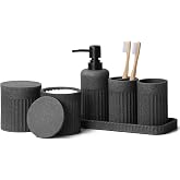 INIUNIK Bathroom Accessory Set, 6 Pieces, Dark Grey | Resin, Bathroom Accessories Set, Includes Soap Dispenser Set, Toothbrush Holders, Tumbler, Vanity Tray &amp; 2 Qtip Holder