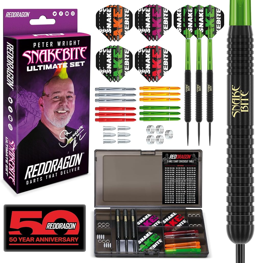 Red Dragon Ultimate 50 Piece Peter Wright Snakebite Darts Set 22g Brass