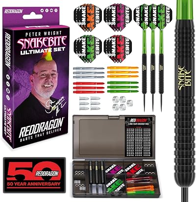 Red Dragon Ultimate 50 Piece Peter Wright Snakebite Darts Set 22g Brass