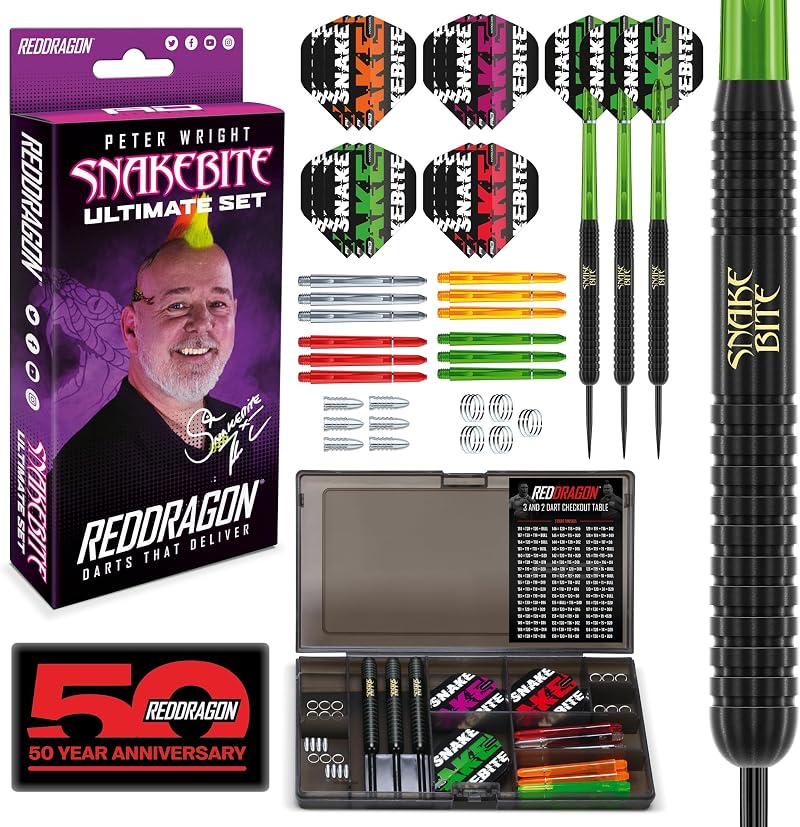 Red Dragon Ultimate 50 Piece Peter Wright Snakebite Darts Set 22g Brass
