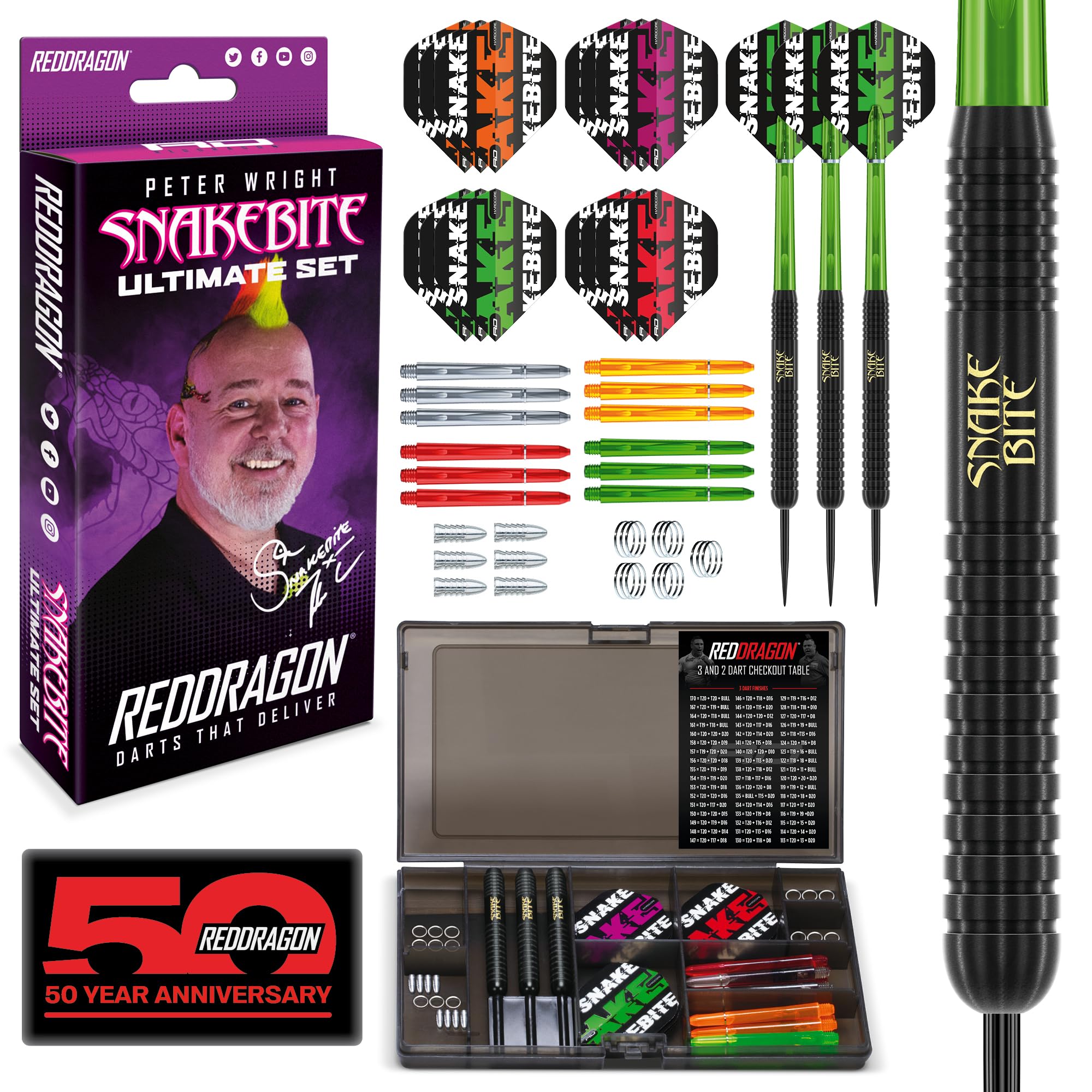 RED DRAGON Ultimate 50 Piece Peter Wright 'Snakebite' Brass Darts Set | 22g Steel Tip Professional Darts Set | Includes Dart Flights, Shafts, Case & More Accessories — image 1