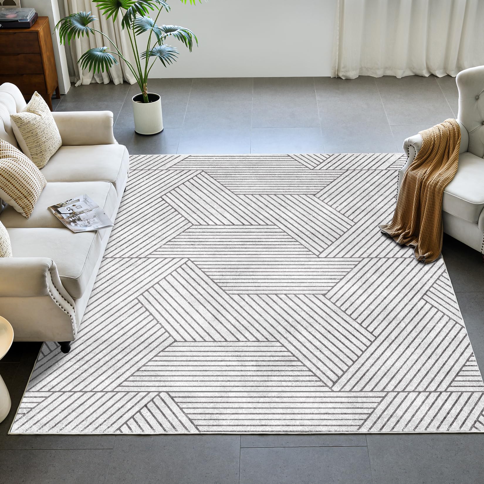 Photo 1 of (used) INGEROOM 8x10 Washable Area Rugs for Living Room, Light Grey, Modern Geometric Neutral Design, Stain-Resistant Non Slip Carpet