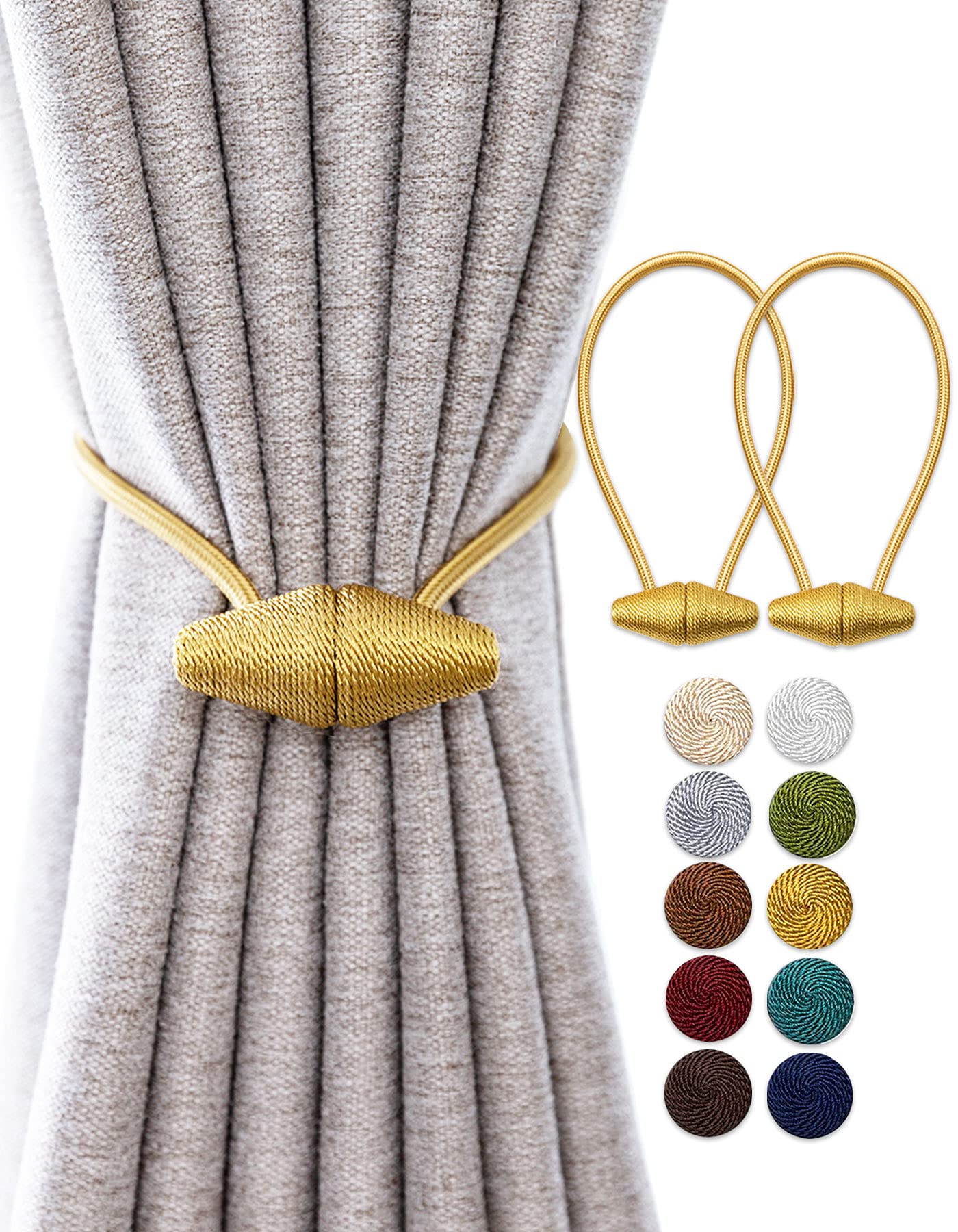 TECVINCI Magnetic Curtain Tiebacks with Upgrade Larger Magnet, 2 Pack 40cm Drapery Holdbacks for Indoor & Outdoor Curtain - Gold