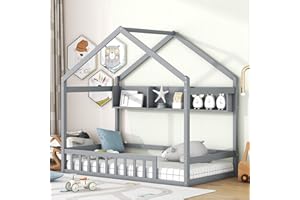 Bellemave Twin Size/House Floor Bed with Storage Shelf, Wooden Montessori Floor Bed with Fence and Roof for Kids, Twin Bed Frame for Boys, Girls, Gray