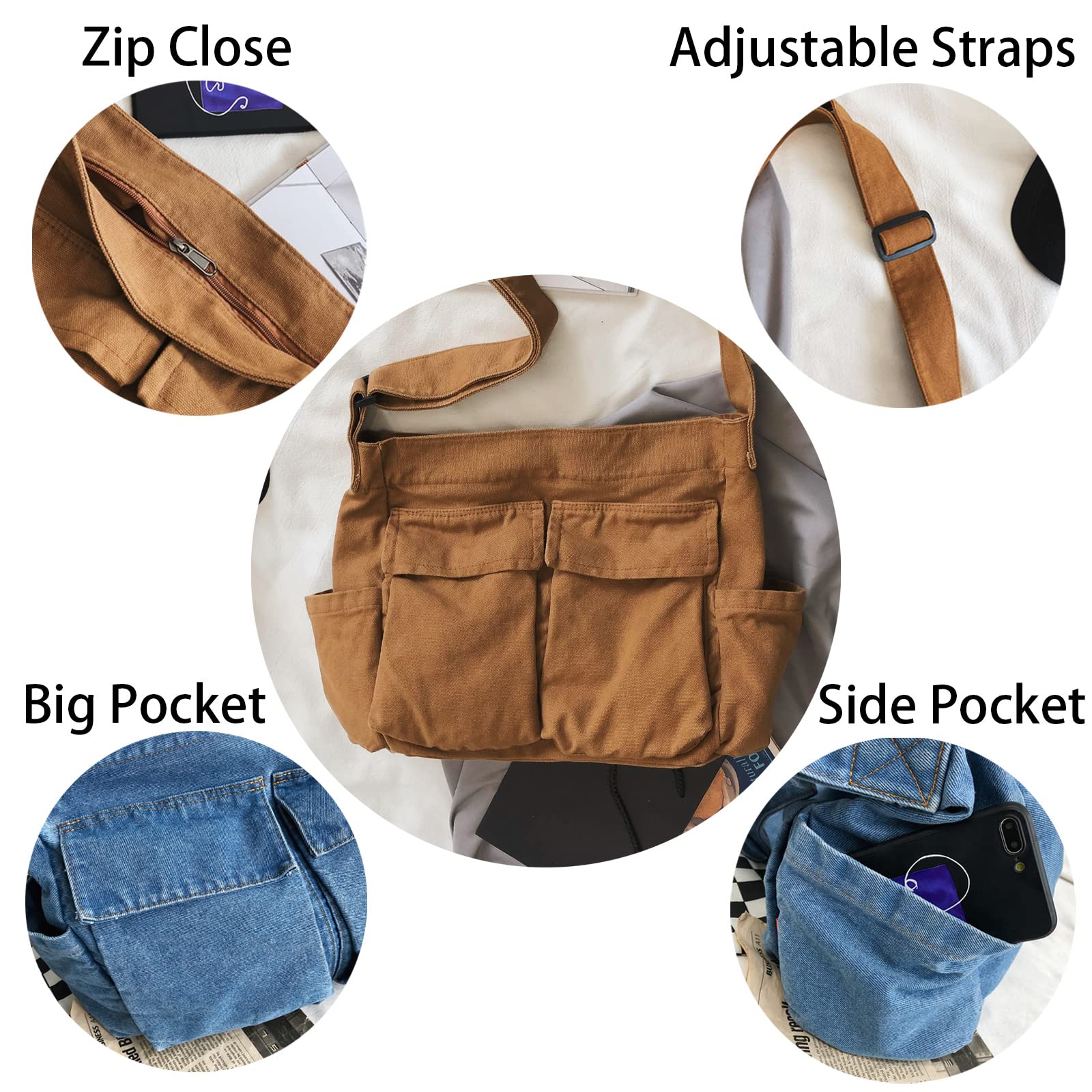 KlaOYer Canvas Messenger Bag Large Hobo Bag Crossbody Shoulder Bag Tote Bag with Pocket for Women and Men