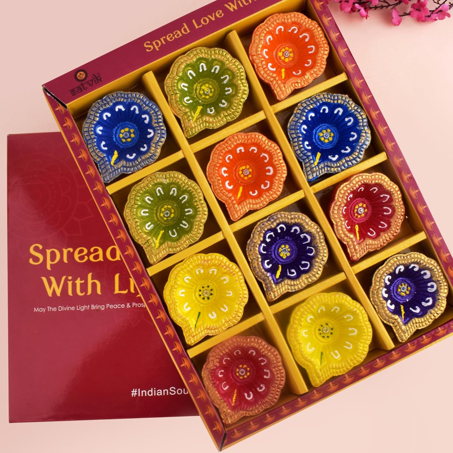 Oil Lamps & Accessories - SATVIK 12 Pc Multicolor Clay Diya Terracotta Dia Traditional Puja Vilakku Oil Lamp Natural Mitti Diya Tea Light Welcome Diwali Deepawali Navratri Pooja Décorations Indian Housewarming Return Gift Item