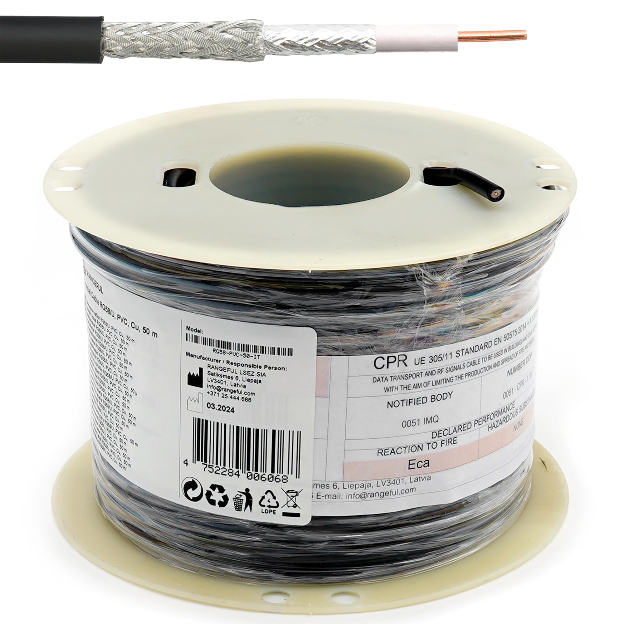 RANGEFUL RG58 Coaxial Cable 50m 164ft — Low Loss 50ohm RF Extension Coax — compatible with N Type SMA BNC TNC PL259 FME connectors — for WiFi VHF UHF CB Radio HAM Router Antenna 4G 5G — Made in Italy