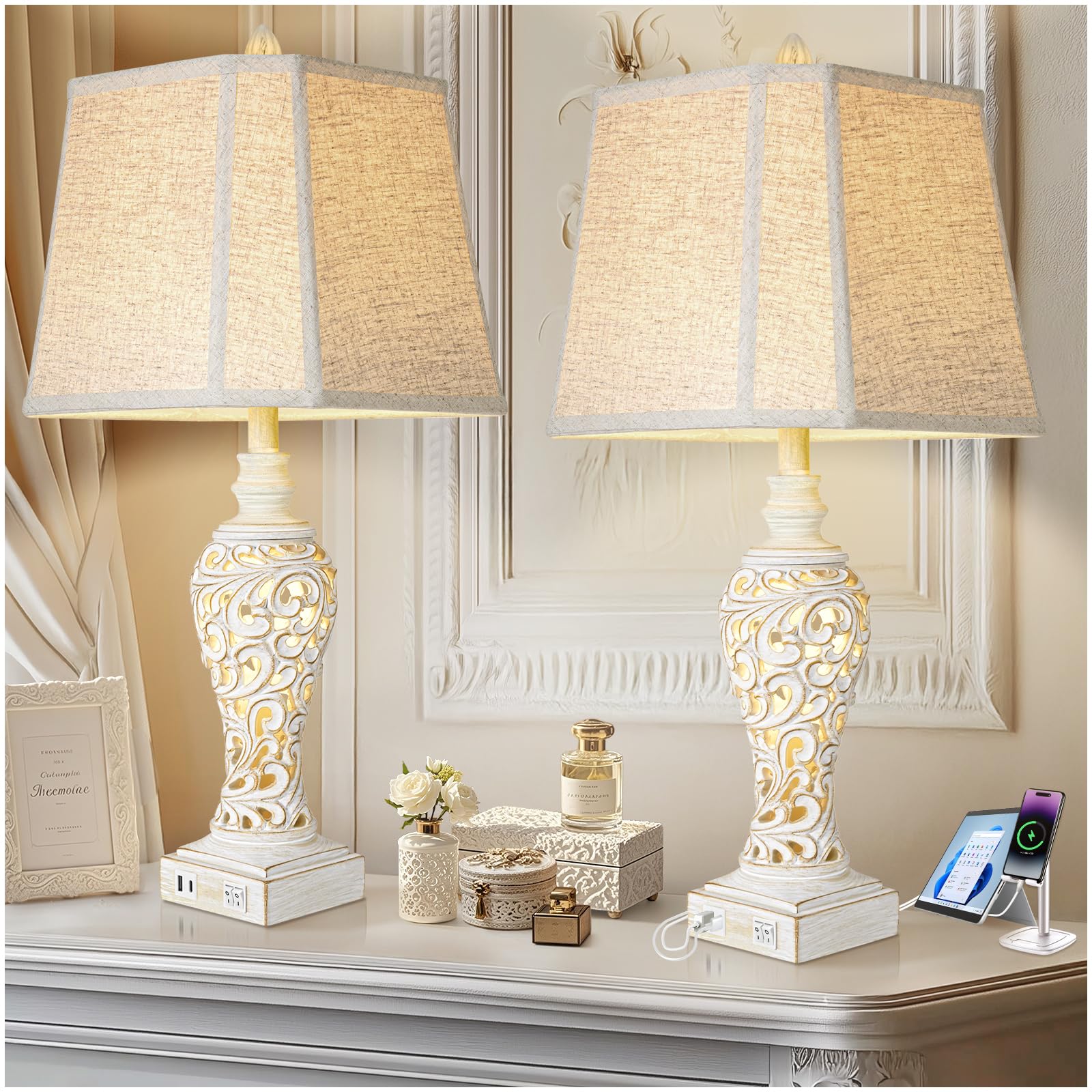 Photo 1 of Vintage Table Lamps Set of 2, 28.5'' High Bedside Lamps with Fabric Shade, Farmhouse Nightstand Lamps with USB A+C Ports and Nightlight - Perfect for Living Room Bedroom Office Study (Bulb Included)