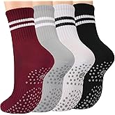 Toes Home Pilates Socks for Women with Non Slip Grippers, Yoga Crew Socks for Barre Hospital Sticky Slipper Socks 4 Pairs