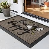 LUMI Outside Welcome Door Mat 17x30, Non-Slip Durable Rubber Easy Clean | Bee Happy Print, Stain Resistant, Low-Profile Dirt Trapper Entrance Doormats, For Back Door Entryway Porch Garage