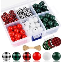 SUQI 180 Pieces Christmas Wooden Beads, Buffalo Plaid Wood Beads, Natural Polished Spacer Beads with Hemp Rope for…