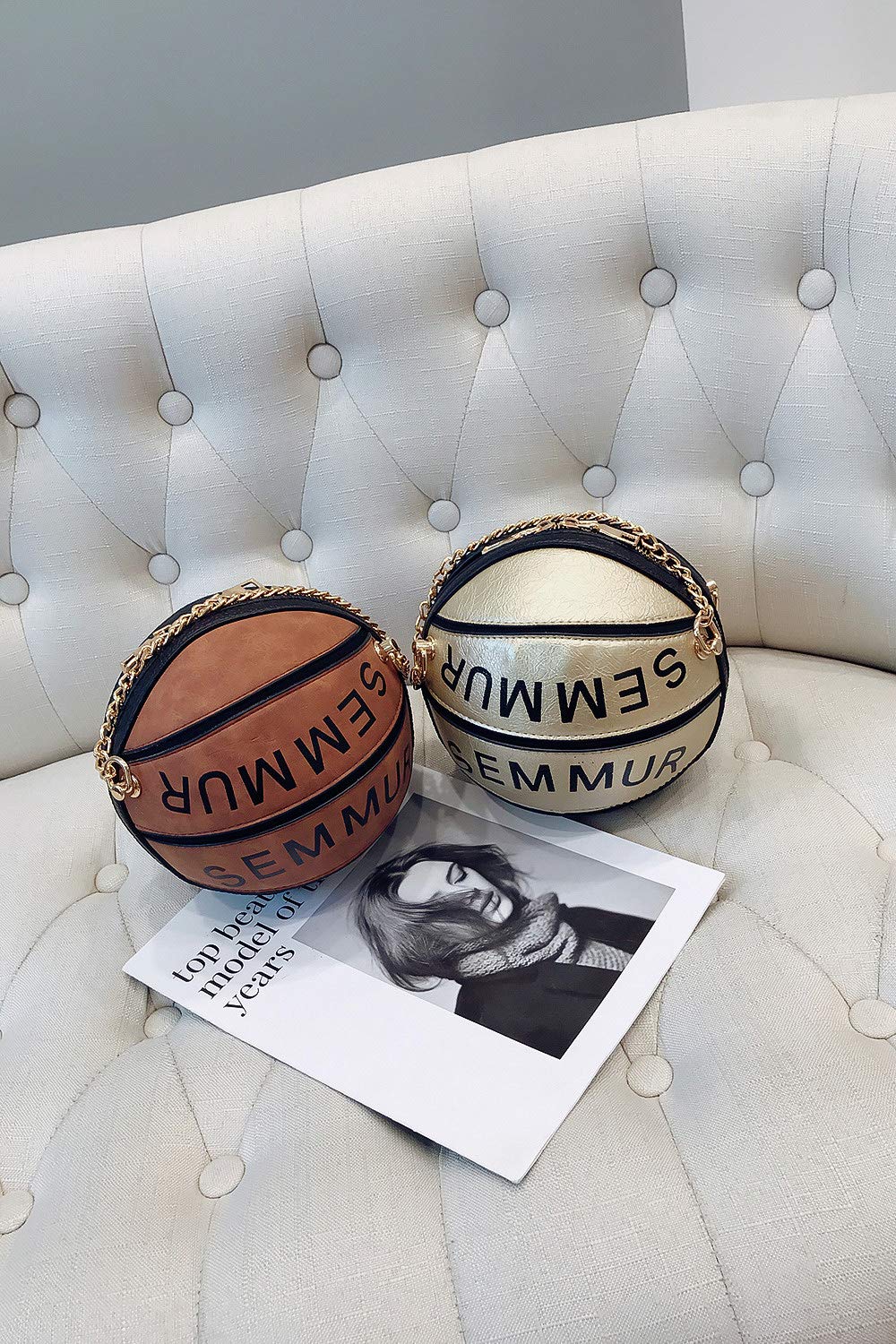 Basketball Shaped Shoulder Messenger Purse Bag Mini Tote Cross Body PU Handbag Adjustable Strap For Women Girls Men (Gold)