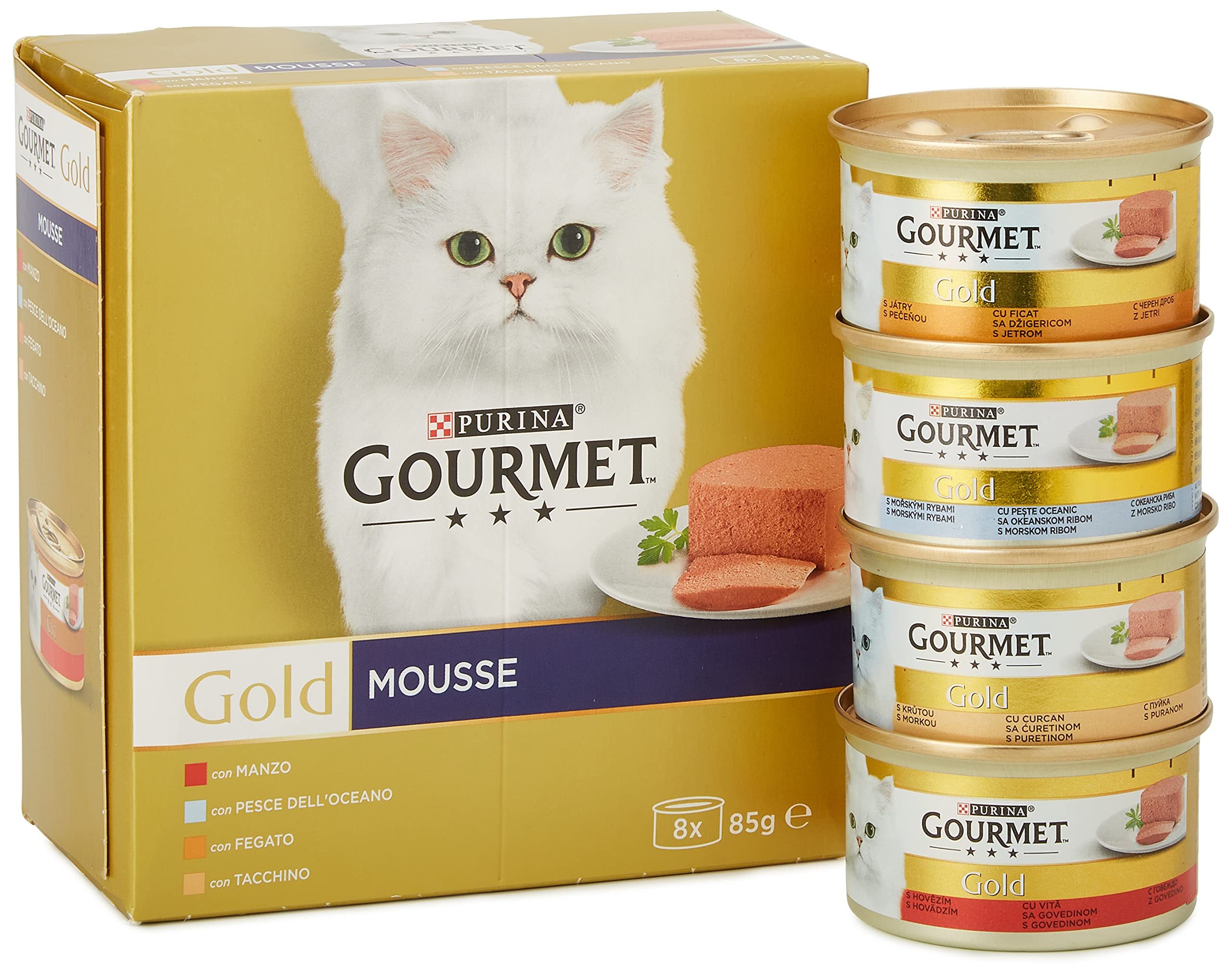 Purina Gourmet Gold Mousse for Cats with Fish, Liver, Turkey and Beef, 96 Cans of 85 g