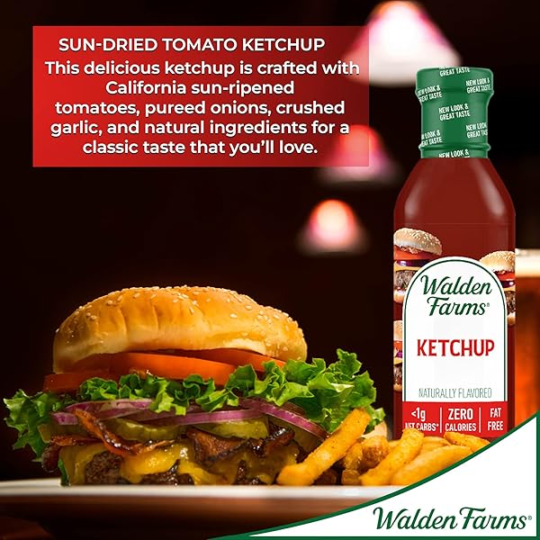 WALDEN FARMS KETCHUP – ZERO CALORIE, SUGAR FREE, KETO & NO CARB CLASSIC TOMATO CONDIMENT FOR BURGERS, FRIES & MORE – 2-PACK, 12 OZ BOTTLES