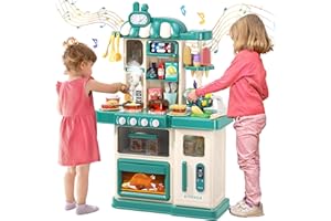 AIQI 47PCS Kids Kitchen Playset with Sound & Light, Cooking Stove with Steam, Play Sink and Toy Kitchen Accessories - Pretend Kitchen Play Food Toys for Boys and Girls, Toddler Kitchen Set (Green)