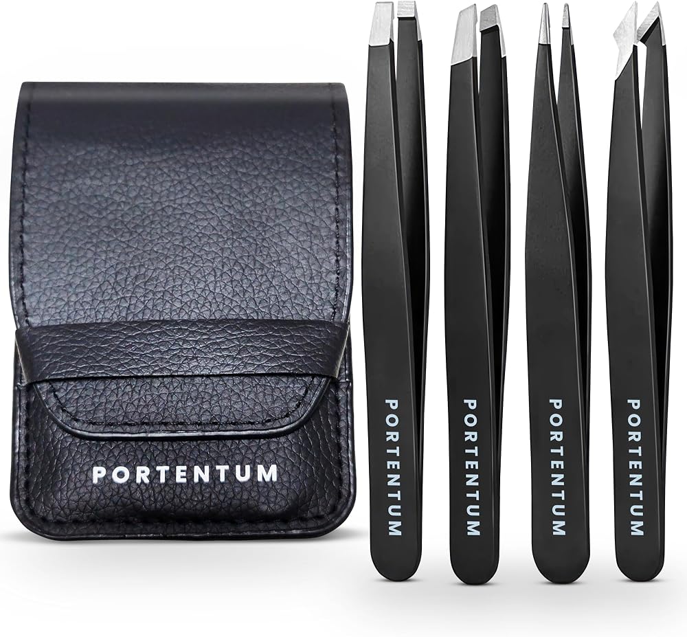 PORTENTUM Professional Tweezers for Facial Hair Stainless Steel 4 Pcs