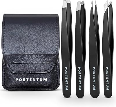 PORTENTUM Professional Tweezers for Facial Hair Stainless Steel 4 Pcs