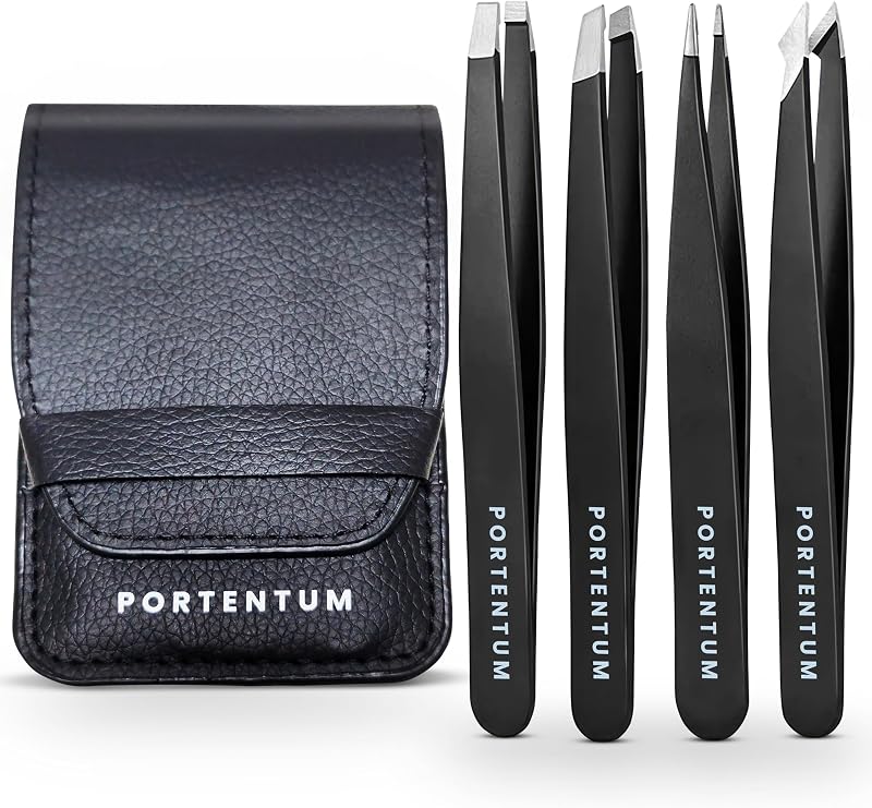 PORTENTUM Professional Tweezers for Facial Hair Stainless Steel 4 Pcs