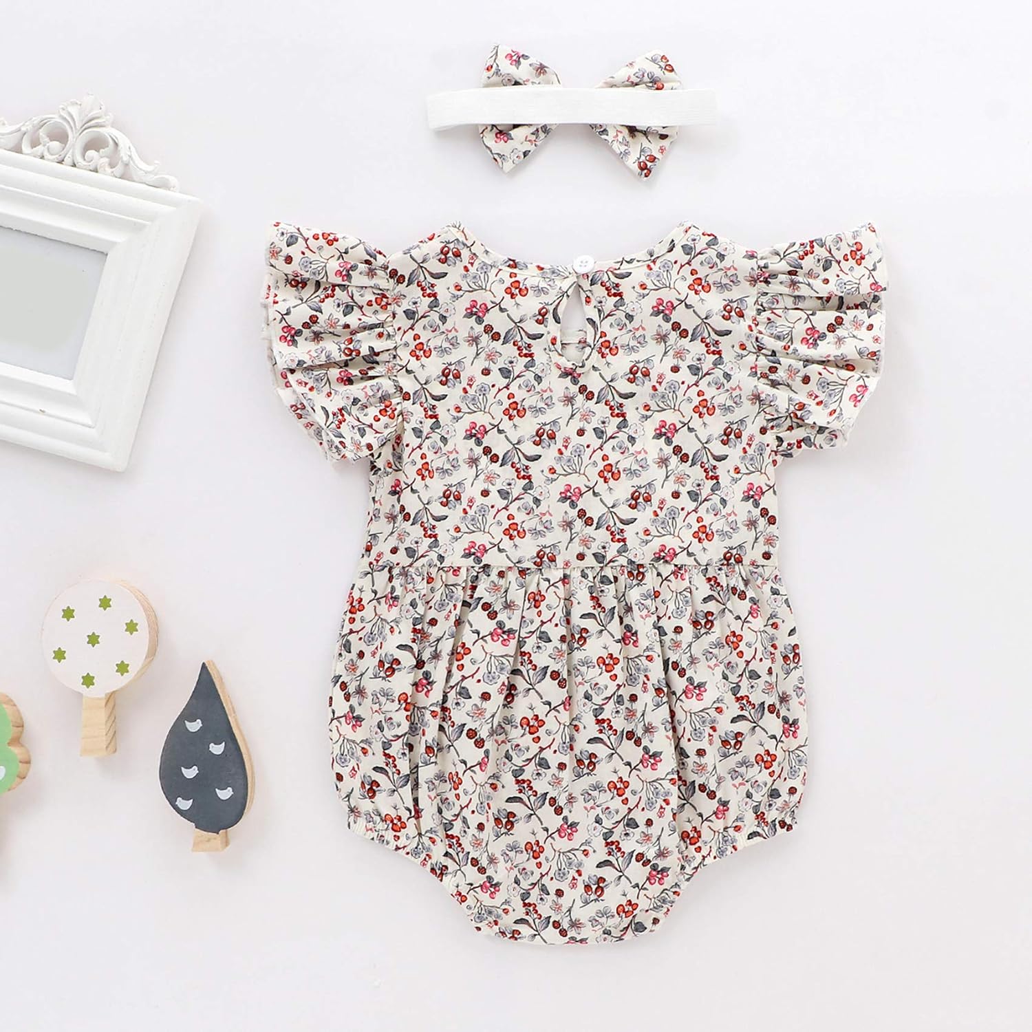 Newborn Baby Girl Floral Ruffle Sleeveless Button Down Romper Jumpsuit Bodysuit with Headband Infant Summer Clothes: Clothing