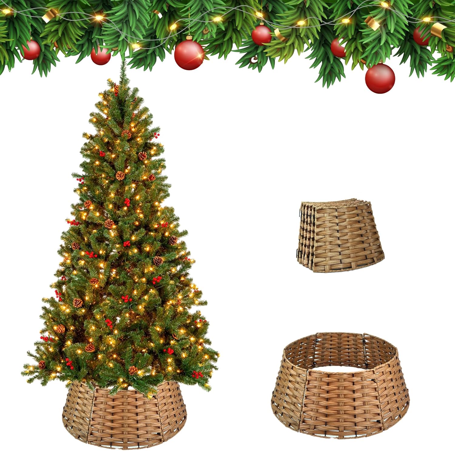 Tree Stands - Christmas Tree Collar, Christmas Tree Base Cover, Plastic Wicker Christmas Tree Ring Basket for Artificial Christmas Trees Decoration, 26Inch Diameter Yellow
