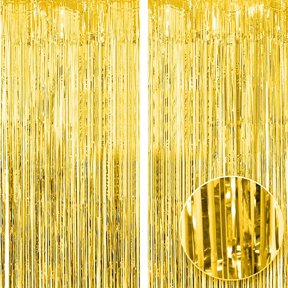OWill Gold Metallic Tinsel Curtains 2 Packs 3ft x 8.3ft Backdrop Set