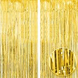 OWill Gold Metallic Tinsel Curtains 2 Packs 3ft x 8.3ft Backdrop Set