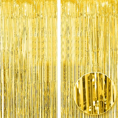 OWill Gold Metallic Tinsel Curtains 2 Packs 3ft x 8.3ft Backdrop Set