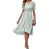 PRETTYGARDEN Women's Floral Wrap V-Neck Midi Dress Short Sleeve Boho Summer Beach Long Dress High Low Hem Smocked Dress Women