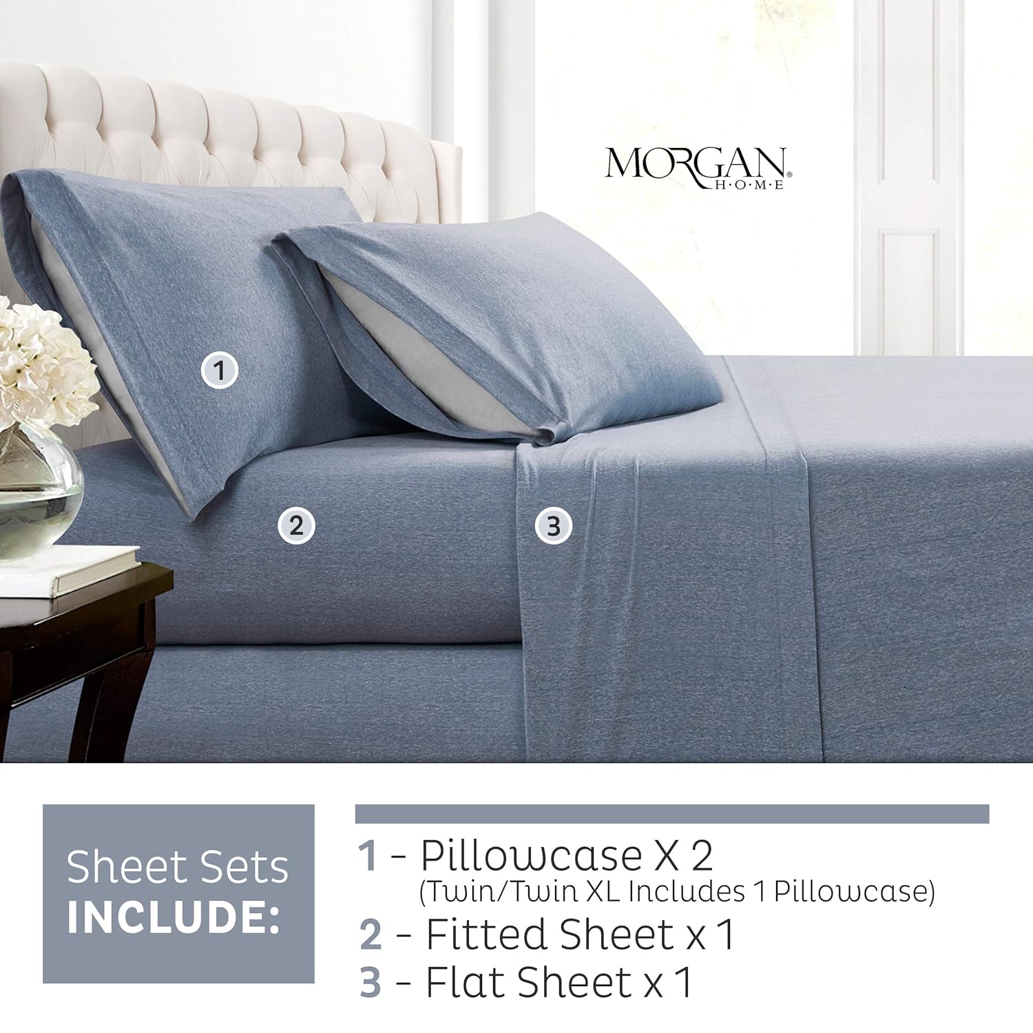 Morgan Home Cotton Rich T-Shirt Soft Heather Jersey Knit Sheet Set - All Season Bed Sheets, Warm and Cozy (Queen, Heather Blue)