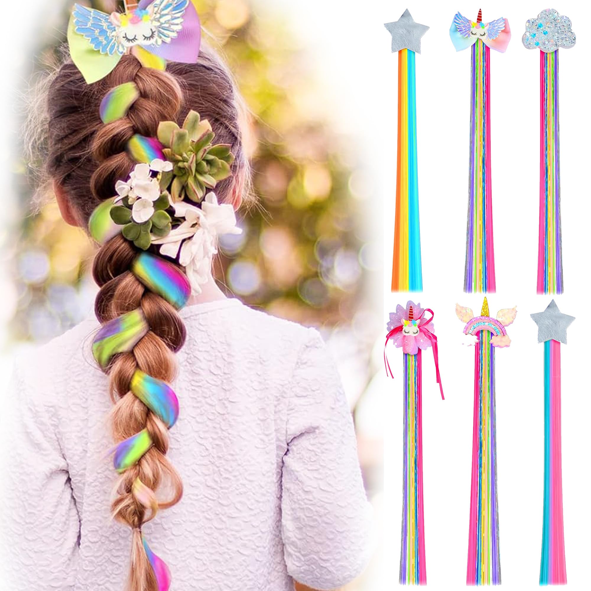 JIUAI Girls Hair Clips,6pcs Coloured Hair Extension clips,Little Girls Extension Hair,Unicorn/Rainbow/Shiny Star/Shiny Cloud Hair Clips,16 inch Rainbow Hair Extension for Girl Ponytail