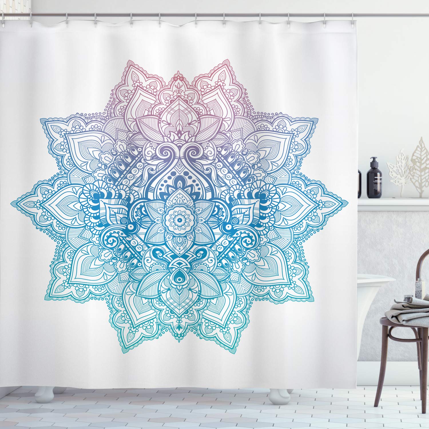 ABAKUHAUS Lotus Shower Curtain, Bohemian Tattoo Style Pastel Toned Mandala Abstract Lotus Flower Design, Cloth Fabric Bathroom Decor Set with Hooks, 94 Inches, Lilac Pale Blue