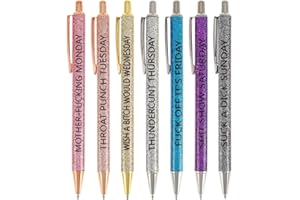 Jxueych 7 Pcs Funny Ballpoint Pen Set Gift for Coworker, Days of The Week Daily Glitter Pen, Black Ink Medium Point 1.0 Mm Smooth Writing