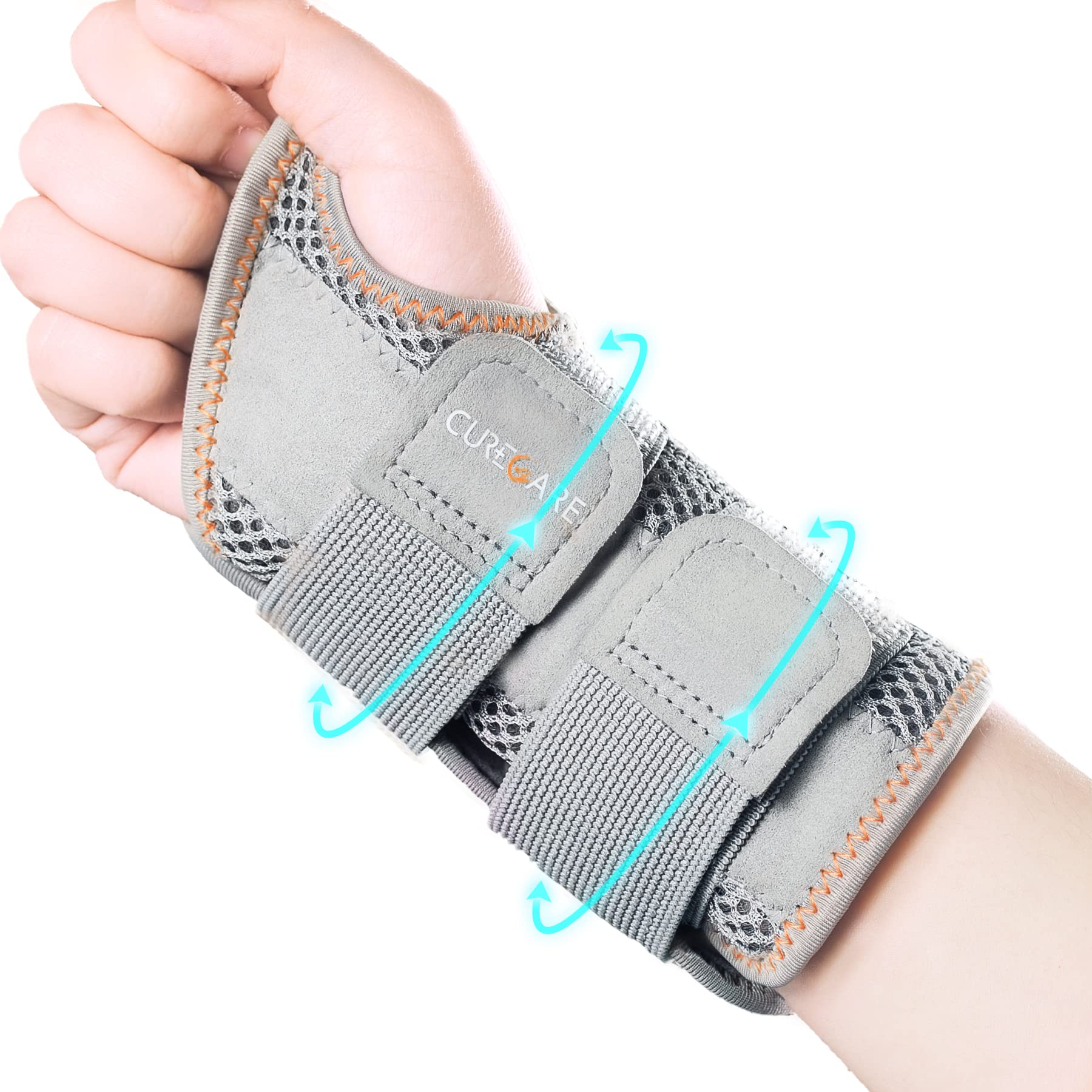 CURECARE Carpal Tunnel Wrist Splint, Adjustable Wrist Support Brace with 2 Straps, Professional Wrist Stabilizer for Pain Relief, Repetitive Injuries Recovery (Right Hand-Gray, S/M)