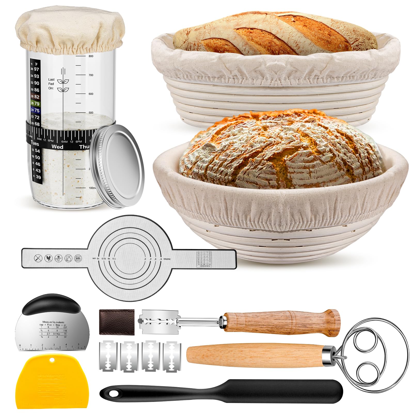 Photo 1 of Sourdough Starter Kit with 2 Proofing Baskets, 36oz Sourdough Starter Jar, Bread Lame, Dough Scraper, Dough Whisk & Silicone Bread Sling